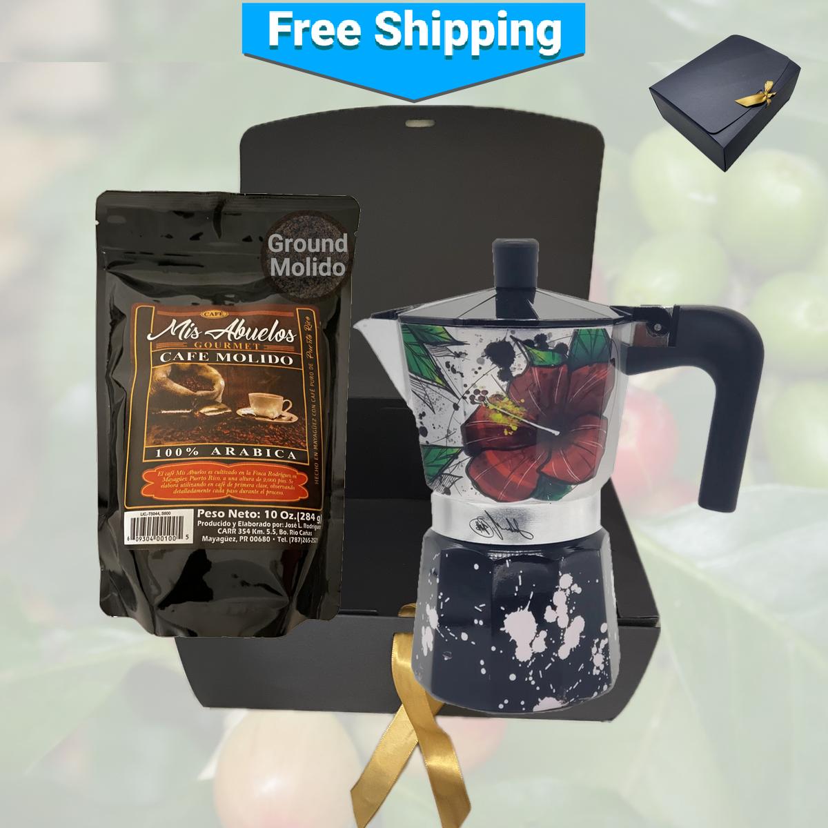 Combo de cafetera greca puertorriqueña y café molido gourmet