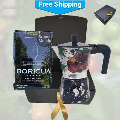 Combo de cafetera greca puertorriqueña y café molido gourmet
