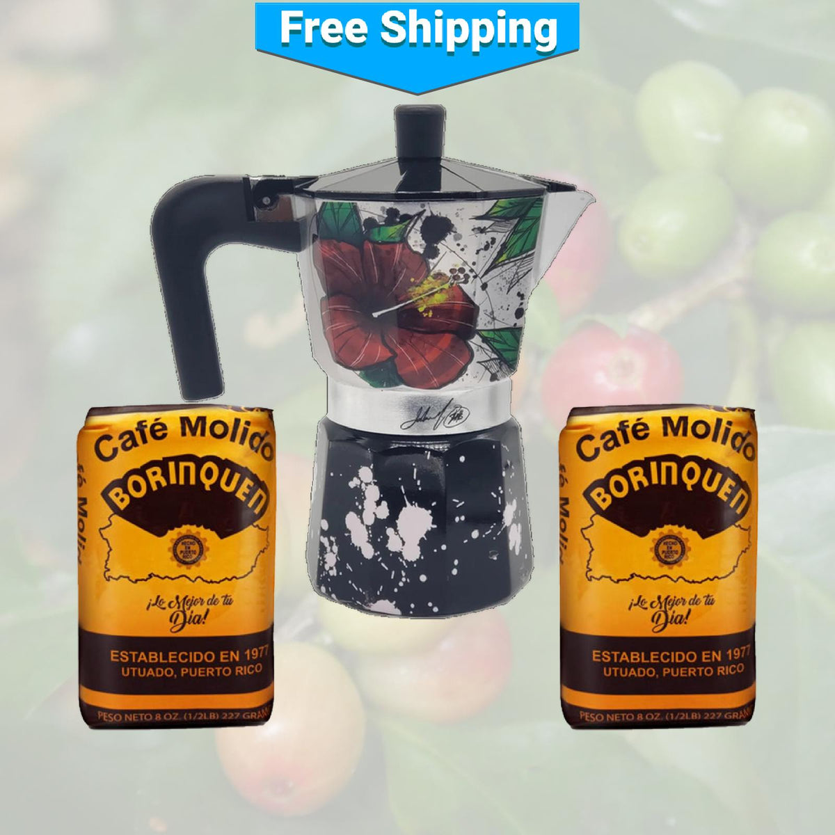 Maga Flower and Coquí Greca Moka Pot and Two Borinquen Coffees