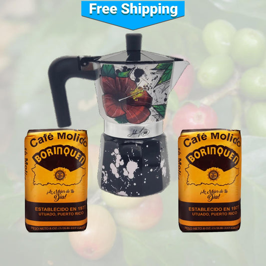 Cafetera Moka Maga Flower and Coquí Greca y dos cafés de Borinquen