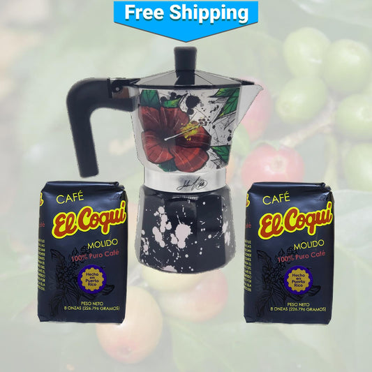 Cafetera Moka Maga Flower y Coquí Greca con dos cafés El Coquí