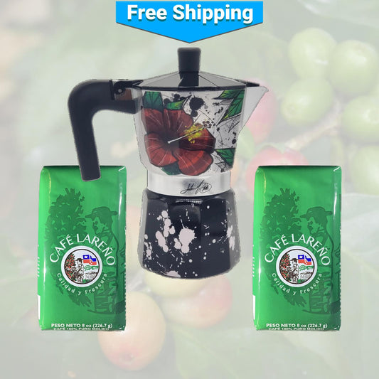 Cafetera Greca Moka Maga Flower and Coquí y dos cafés lareños