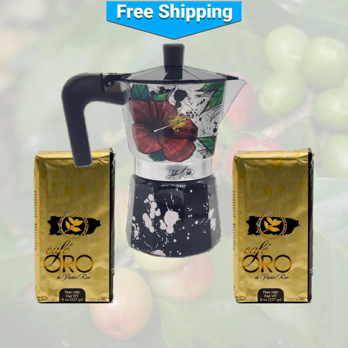 Maga Flower and Coquí Greca Moka Pot and Two Oro Coffees