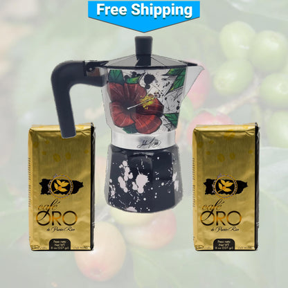 Maga Flower and Coquí Greca Moka Pot and Two Oro Coffees