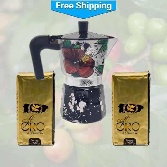 Cafetera Moka Maga Flower and Coquí Greca y dos cafés Oro