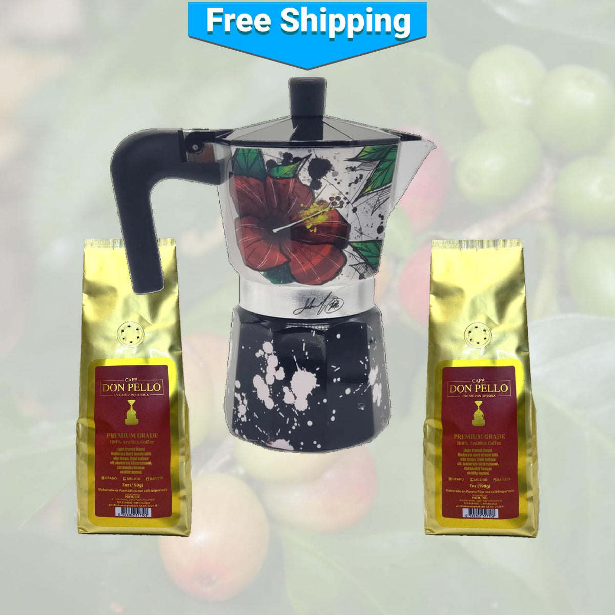 Cafetera Greca de Maga Flower y Coquí, y dos cafés Don Pello