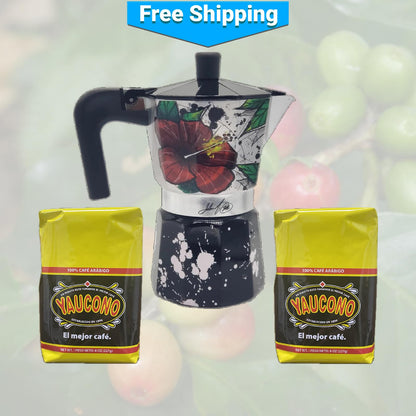 Maga Flower and Coquí Greca Moka Pot and Two Yauconito Coffees