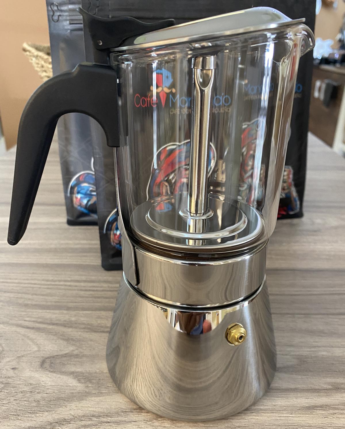 Cafetera tipo moka de acero inoxidable con tapa de cristal de Imusa