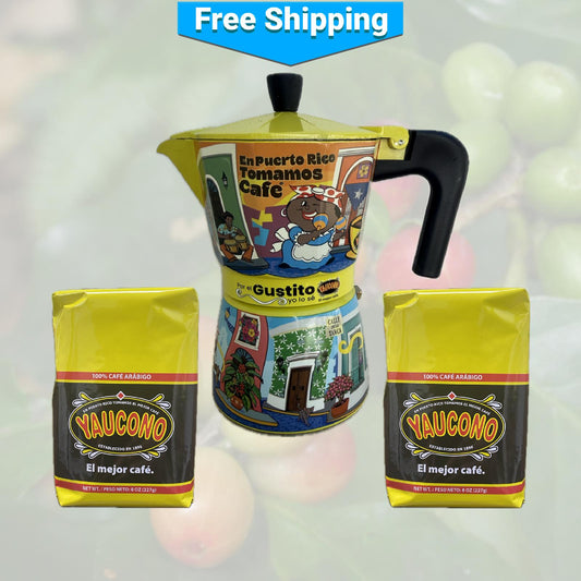 Cafetera Moka Gustito Greca y dos cafés Yauconito