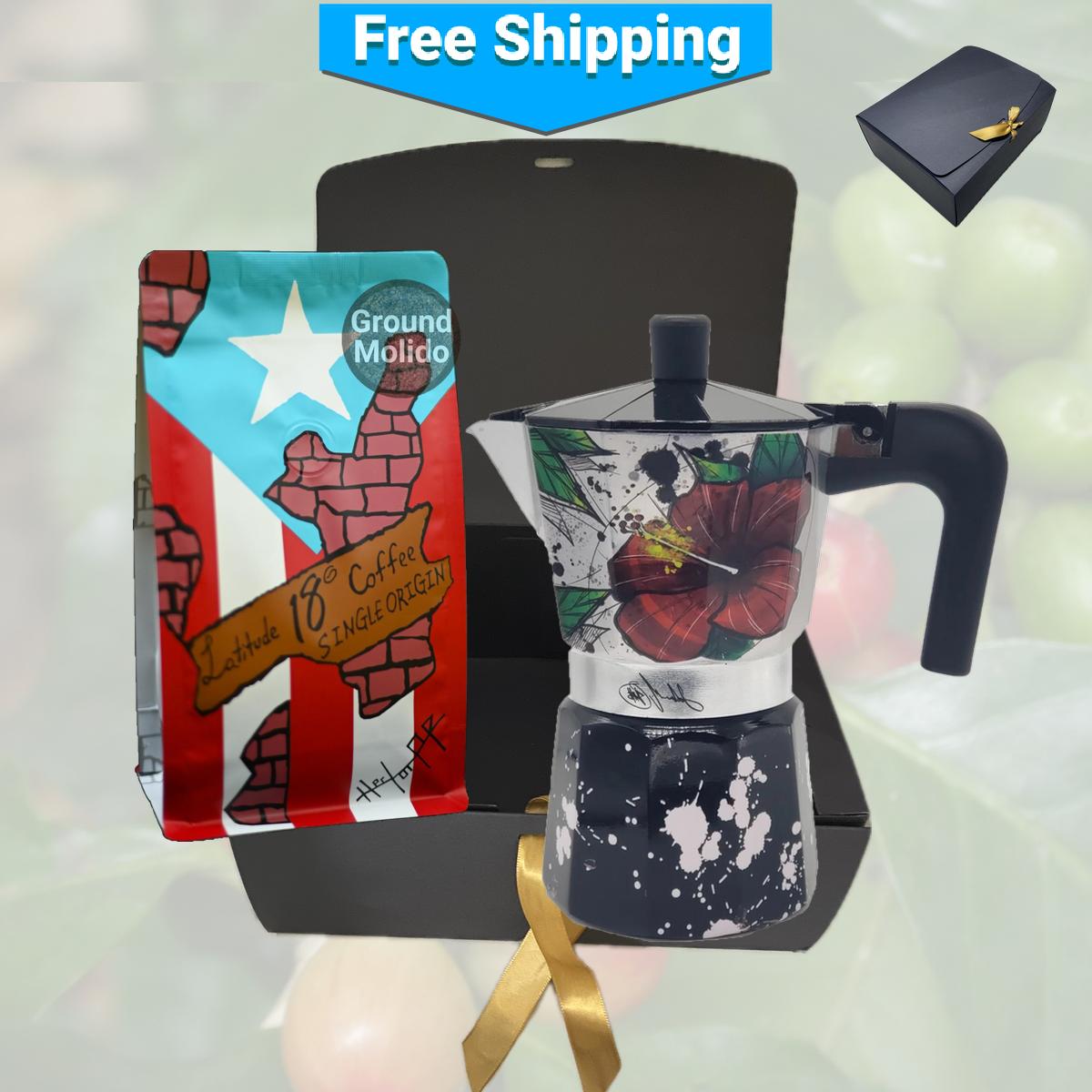 Combo de cafetera greca puertorriqueña y café molido gourmet