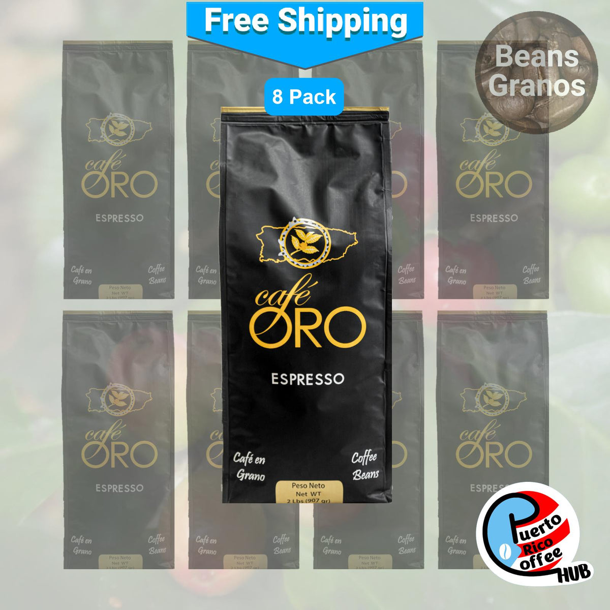 Café Oro Espresso Granos de Café Puertorriqueño Paquete a granel de 2 lb - 8 unidades