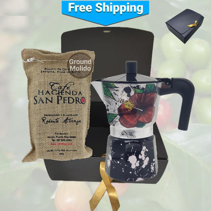 Combo de cafetera greca puertorriqueña y café molido gourmet