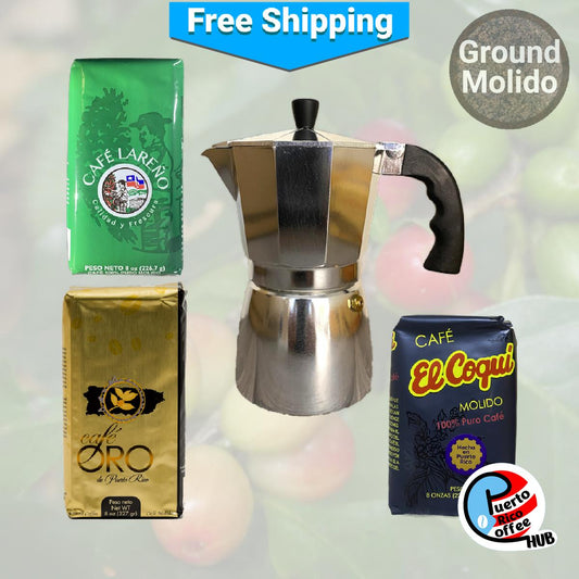 Muestra de café puertorriqueño con cafetera Moka Imusa