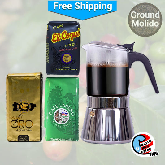 Muestra de café puertorriqueño con cafetera Moka de acero inoxidable y vidrio