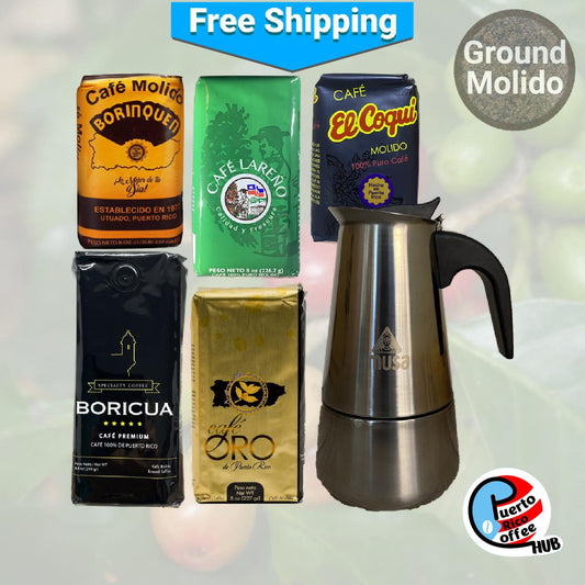Muestrario de café puertorriqueño con cafetera Moka de acero inoxidable Imusa