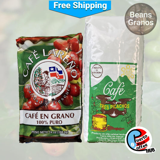 Dúo de granos de café puertorriqueño de tueste medio-oscuro