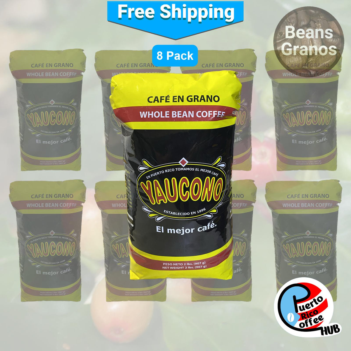 Café Yaucono Café puertorriqueño en grano paquete a granel de 2 lb - 8 unidades