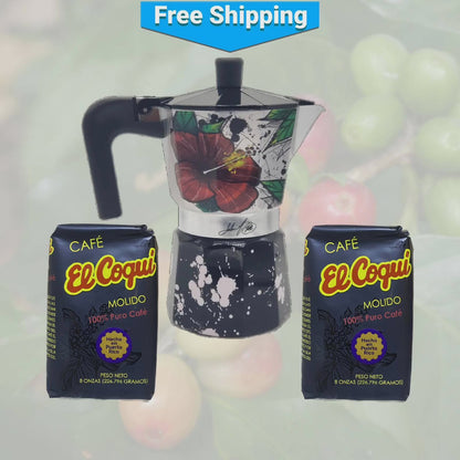 Maga Flower and Coquí Greca Moka Pot and Two El Coquí Coffees